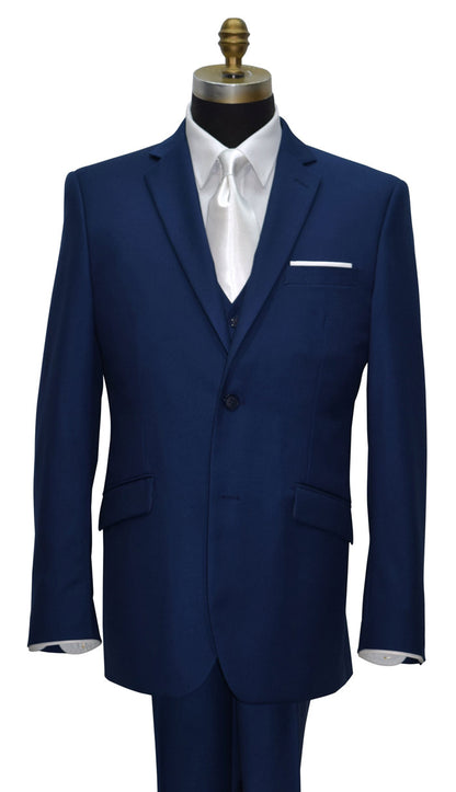 close-up  mannequin wearing an indigo blue 3 pice mens suit with a long white necktie against a white background
