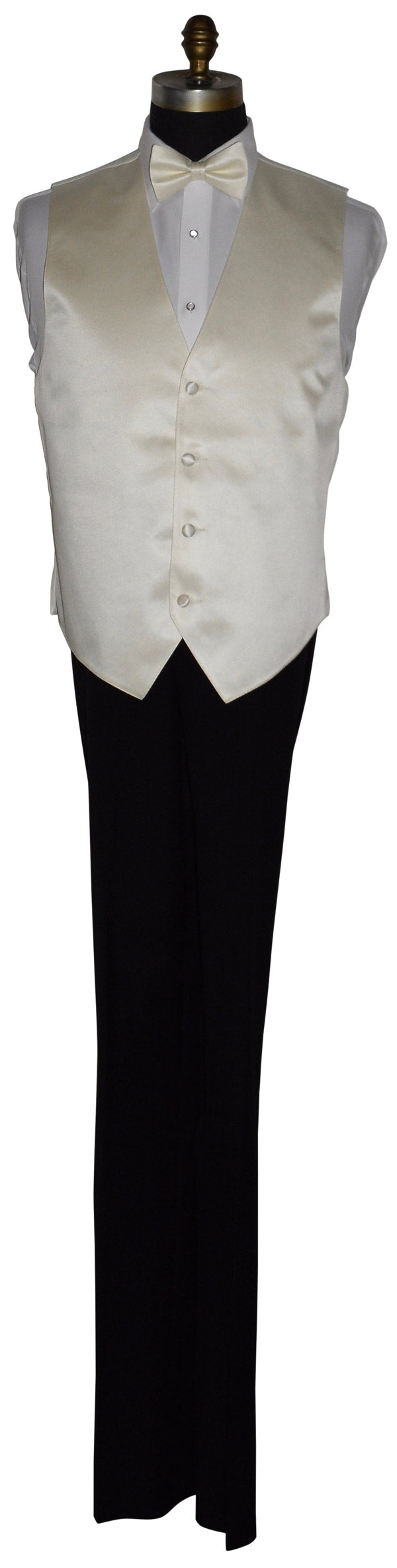 full manneqin wearing an ivory tuxedo vest and ivory bowtie with black tuxedo pants against a white background