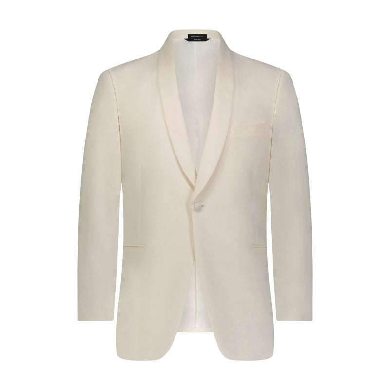 Ivory shawl collar tuxedo against a white background.