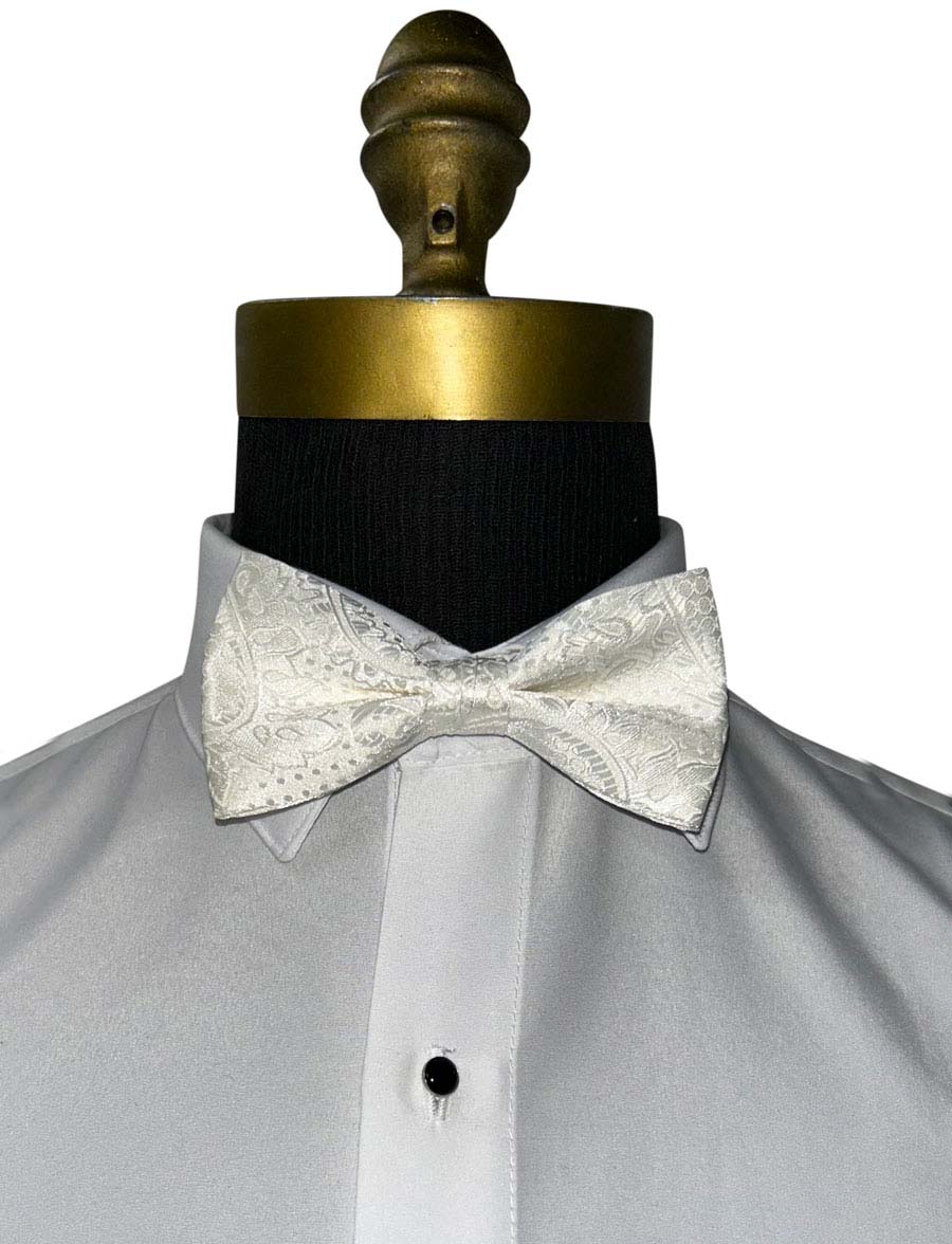 ivory paisley bowtie on a tuxedo shirt against a white background