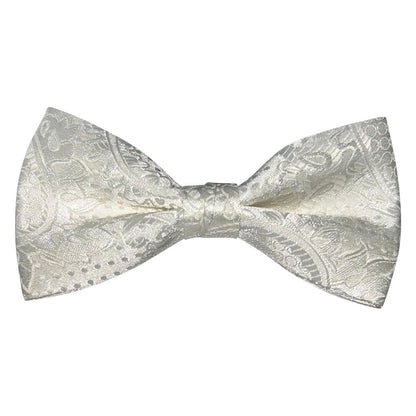 ivory paisley pre-tied bowtie against a white background