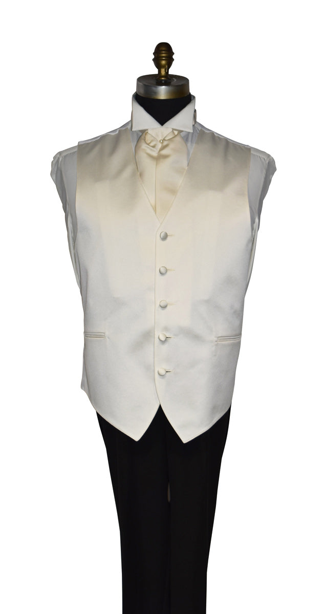 mannequin wearing an ivory tuxedo shirt with an ivory satin ascot and an ivory satin tuxedo vest against a white background