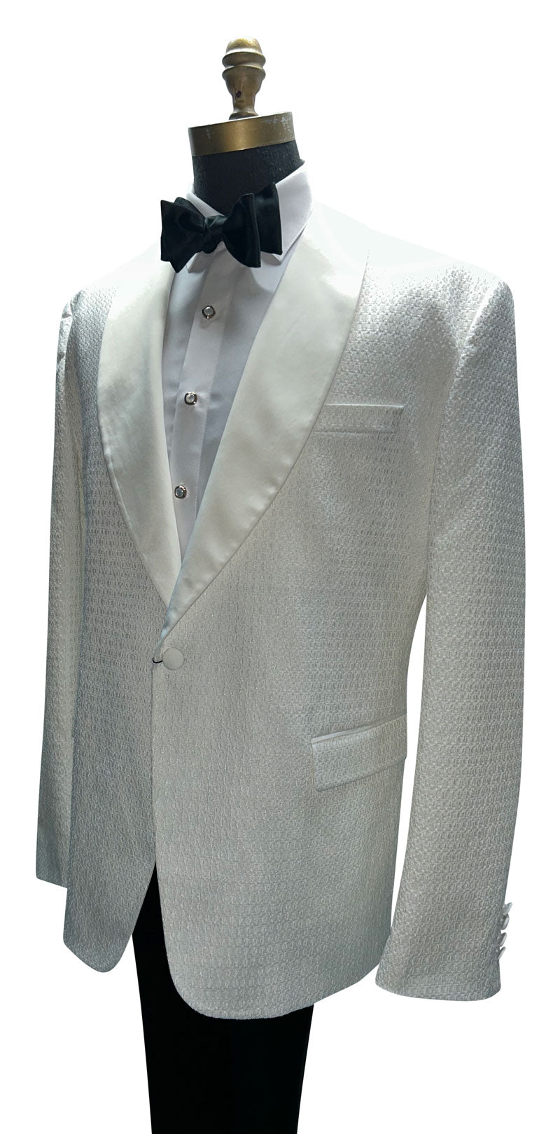 side view of a mannequin wearing an ivory dinner jacket with black bowtie and white tuxedo shirt