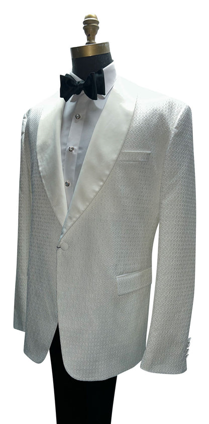 side view of a mannequin wearing an ivory dinner jacket with black bowtie and white tuxedo shirt