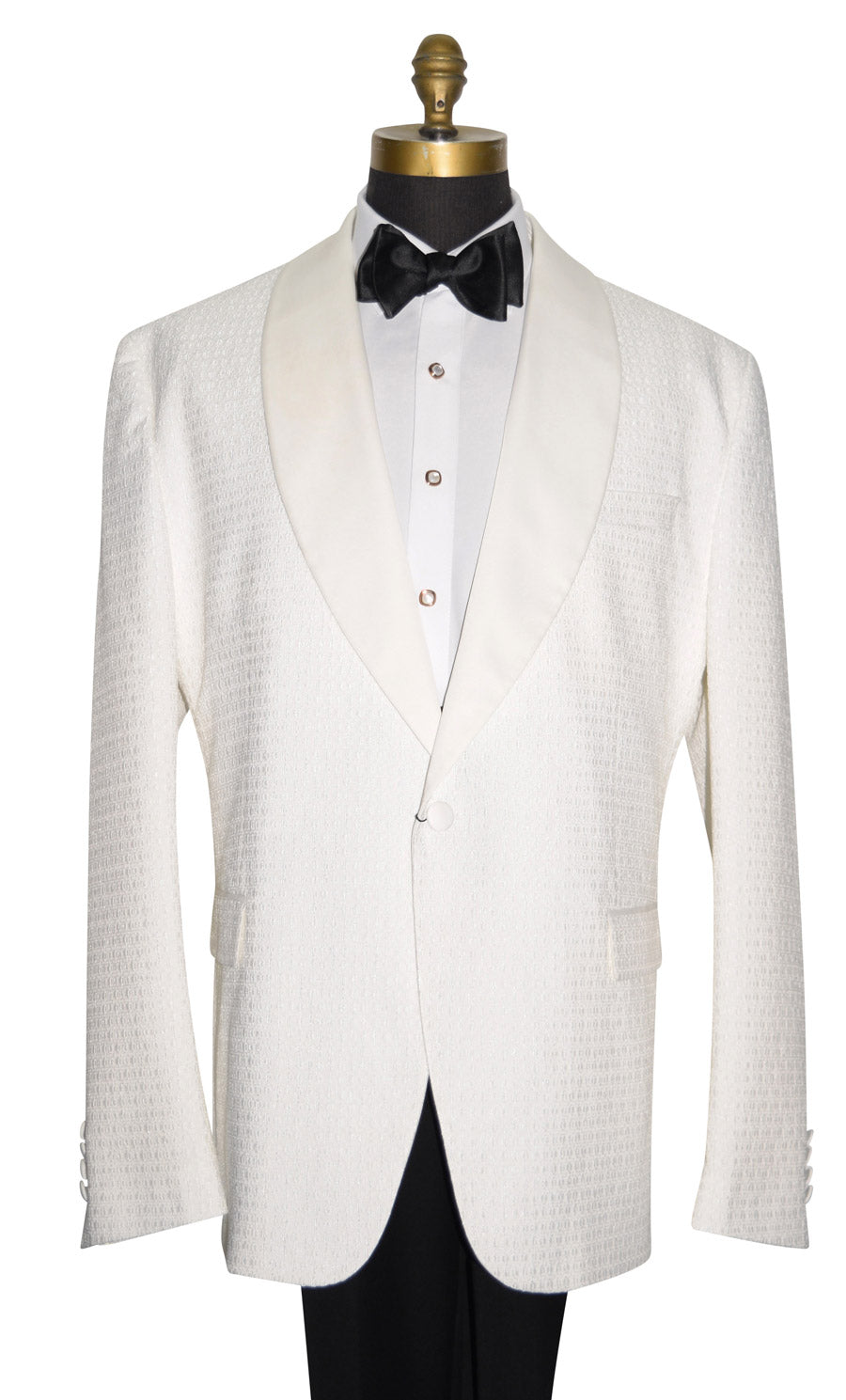 close up of a mannequin wearing an ivory dinner jacket with black bowtie size 48