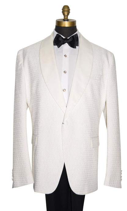 close up of a mannequin wearing an ivory dinner jacket with black bowtie size 48