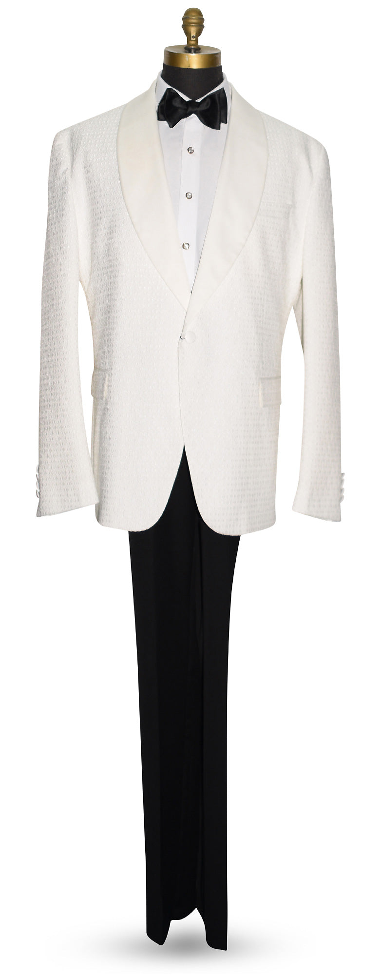 full length mannequin wearing an Off-white ivory shawl collar dinner jacket-size 48 regular by tuxclub