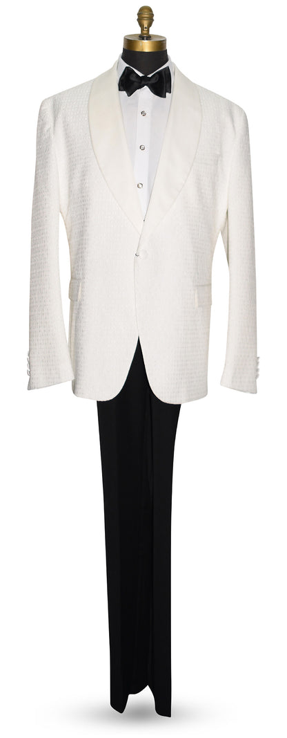 full length mannequin wearing an Off-white ivory shawl collar dinner jacket-size 48 regular by tuxclub
