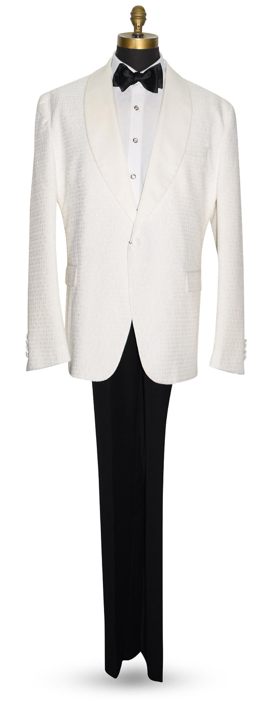 full length mannequin wearing an Off-white ivory shawl collar dinner jacket-size 48 regular by tuxclub