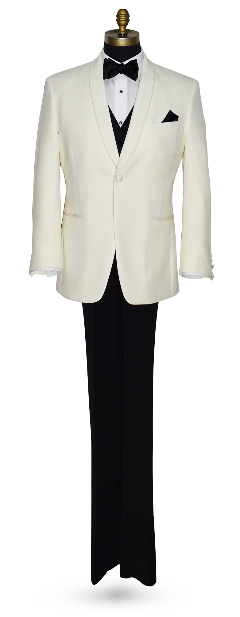 full length mannequin of an ivory shawl collar dinner jacket on a mannequin with black tuxedo pants and a black vest and black bowtie