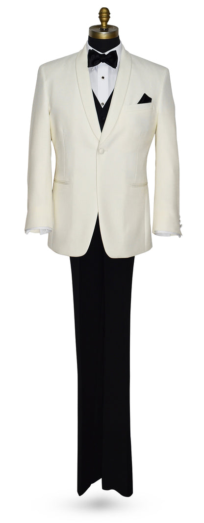 full length mannequin of an ivory shawl collar dinner jacket on a mannequin with black tuxedo pants and a black vest and black bowtie