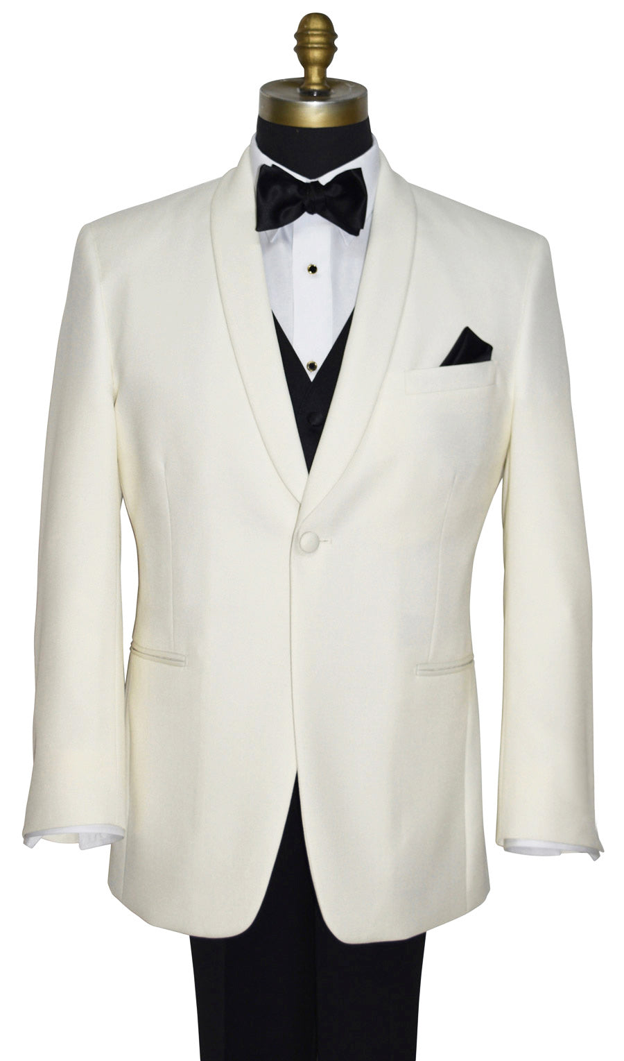 close-up of an ivory shawl collar dinner jacket on a mannequin with black tuxedo pants and a black vest and black bowtie