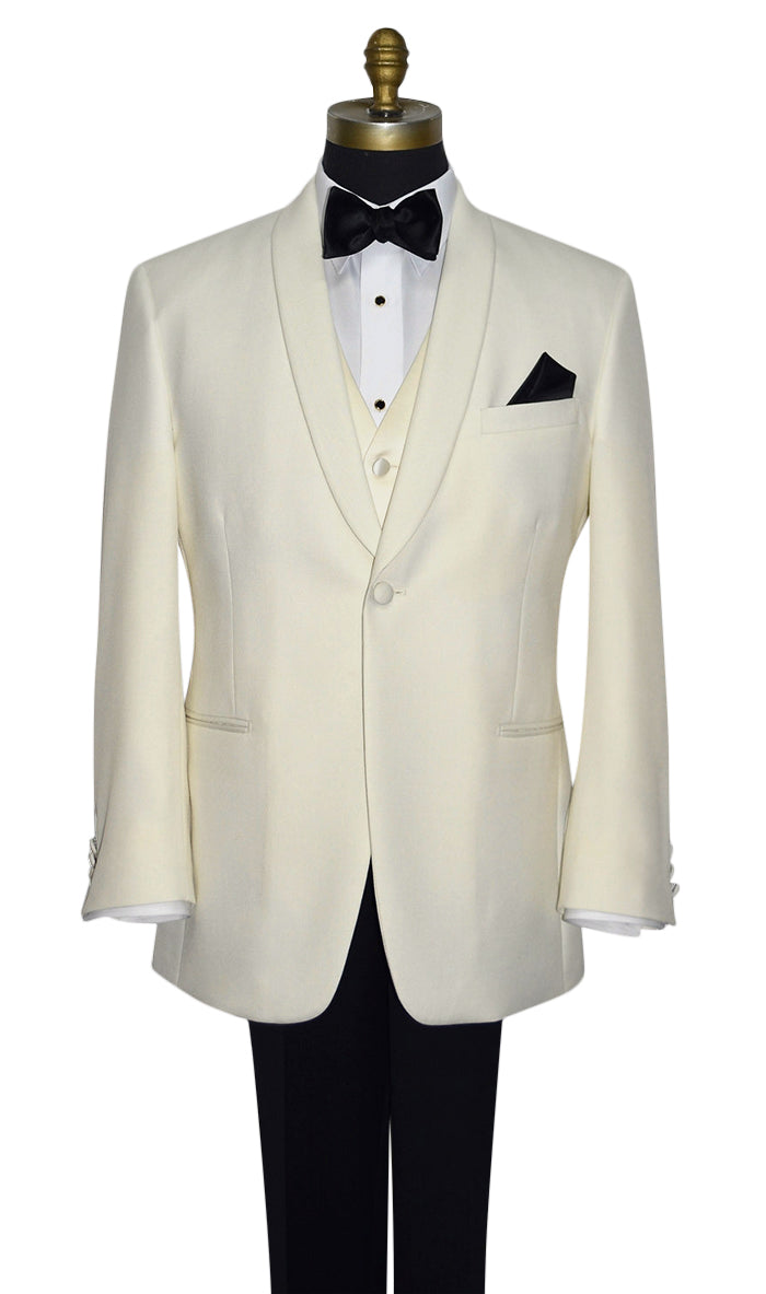 close-up life size mannequin wearing an Ivory tuxedo jacket with black pants , a ivory vest and black bowtie against a white background