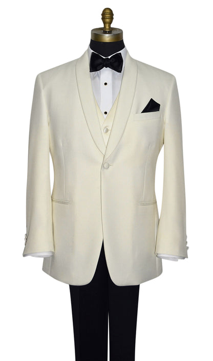 close-up life size mannequin wearing an Ivory tuxedo jacket with black pants , a ivory vest and black bowtie against a white background