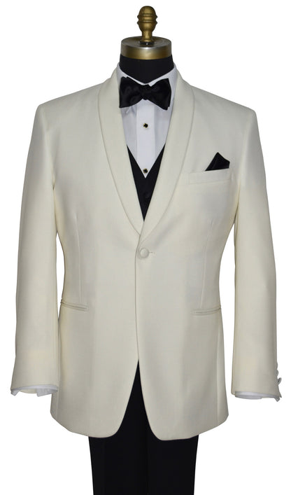close-up life size mannequin wearing an Ivory tuxedo jacket with black pants , a black vest and bowtie against a white background