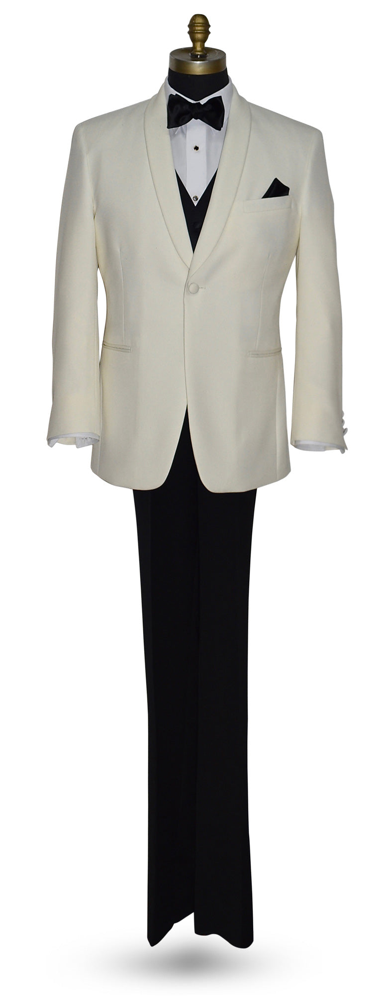 life size mannequin wearing an Ivory tuxedo jacket with black pants , a black vest and bowtie against a white background