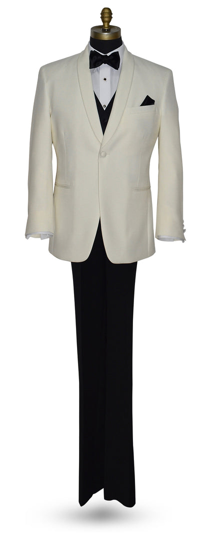 life size mannequin wearing an Ivory tuxedo jacket with black pants , a black vest and bowtie against a white background