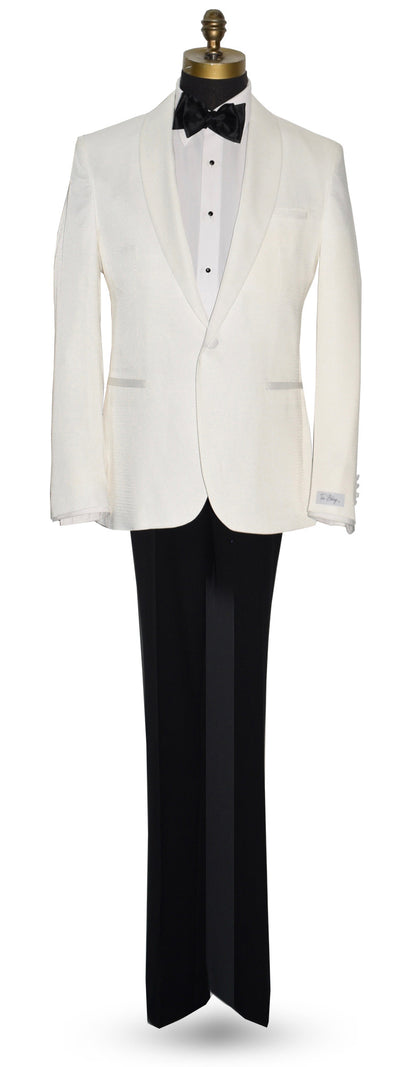 life size mannequin mannequin wearing an ivory shawl collar tuxedo with a white tuxedo shirt and a black  tie-yourself bowtie against a white background