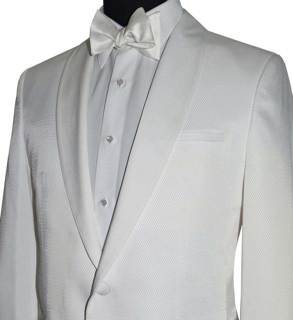 close-up ivory shawl collar tuxedo with an ivory tuxedo shirt and an ivory bowtie that you tie-yourself