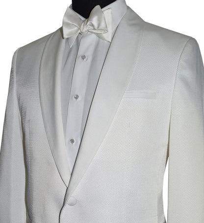 close-up ivory shawl collar tuxedo with an ivory tuxedo shirt and an ivory bowtie that you tie-yourself