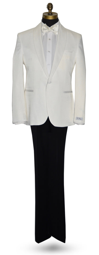 life size mannequin mannequin wearing an ivory shawl collar tuxedo with a white tuxedo shirt and a ivory tie-yourself bowtie against a white background