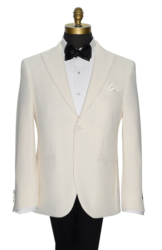 close-up of mannequin wearing an ivory peak lapel dinner jacket with white shirt and black bowtie against a white background
