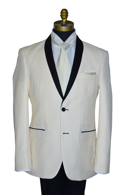 close-up ivory tuxedo with black shawl collar, a white tuxedo shirt and an ivory long necktie against a white background