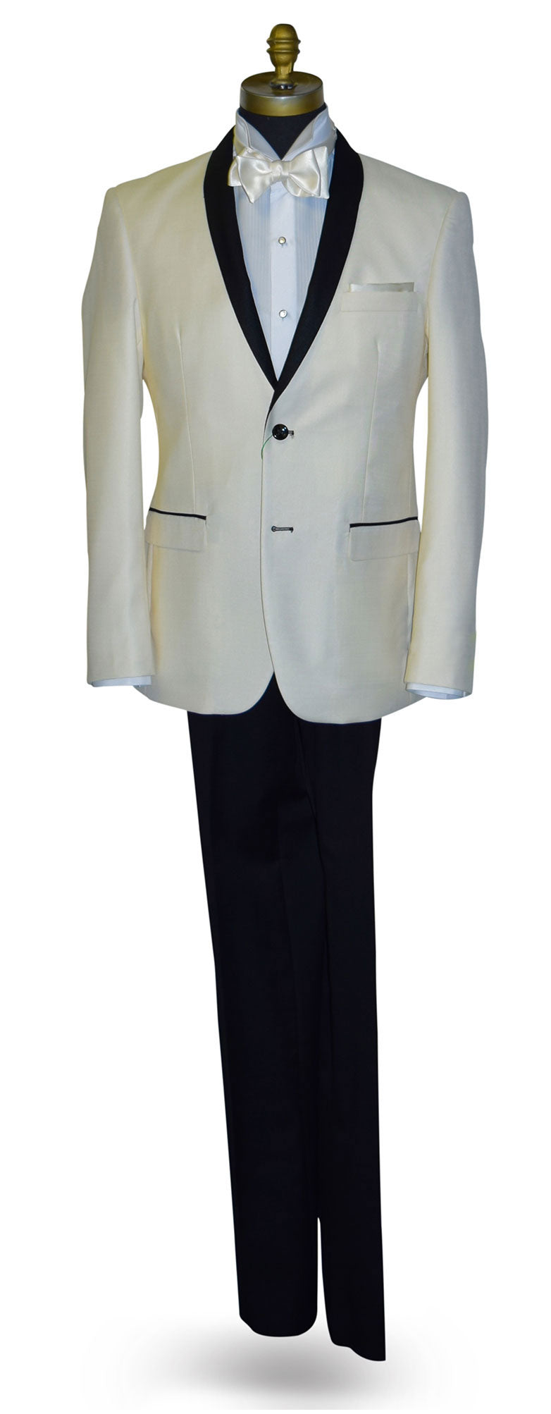 Ivory tuxedo with black shawl collar and black pants wearing an ivory "self-tie" bowtie on a mannequin against a white background