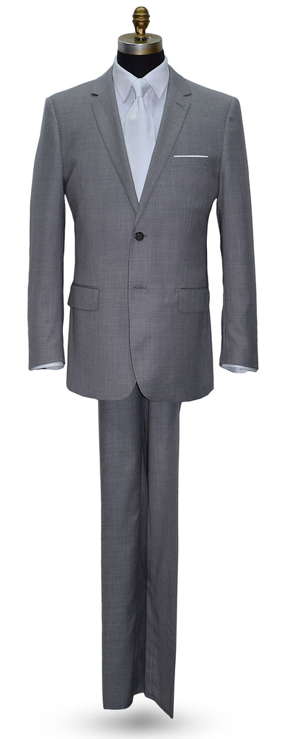 Life size mannequin wearing a light gray mens suit  with a white dress shirt and a white sating necktie against a white background
