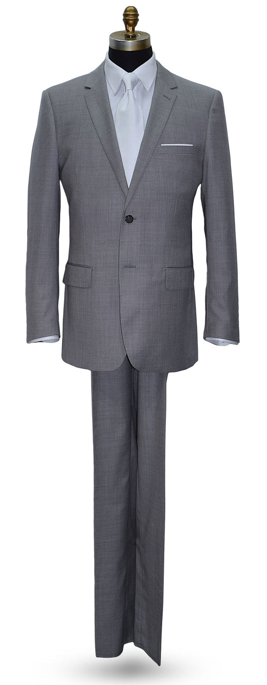 Life size mannequin wearing a light gray mens suit  with a white dress shirt and a white sating necktie against a white background
