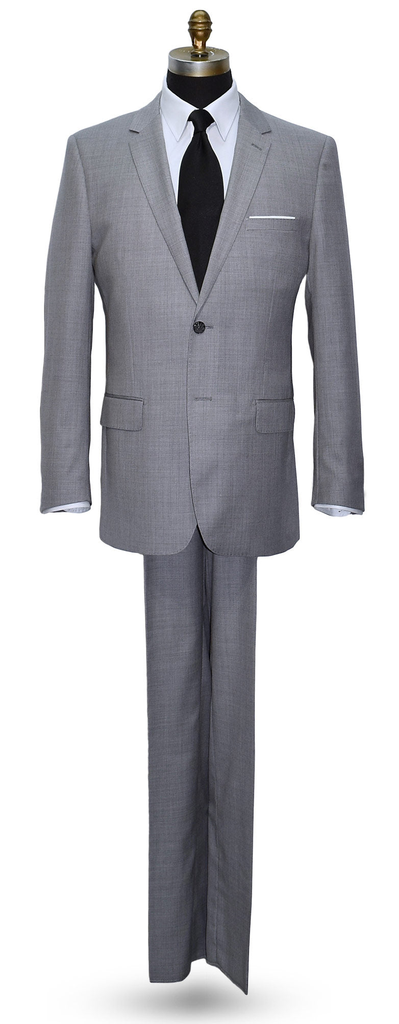 life size mannequin wearing a light gray mens suit  with a white dress shirt and a black sating necktie against a white background