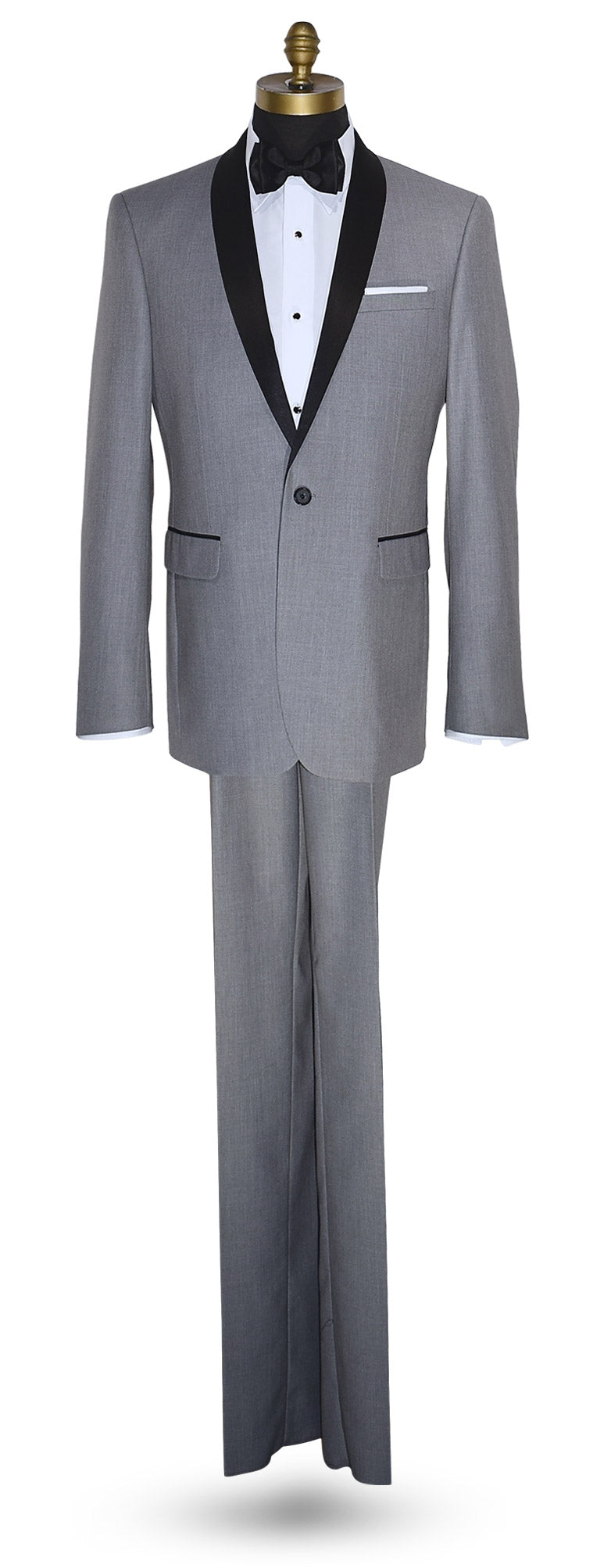 life size mannequin wearing alight-gray shawl collar tuxedo with black bow tie on a white background