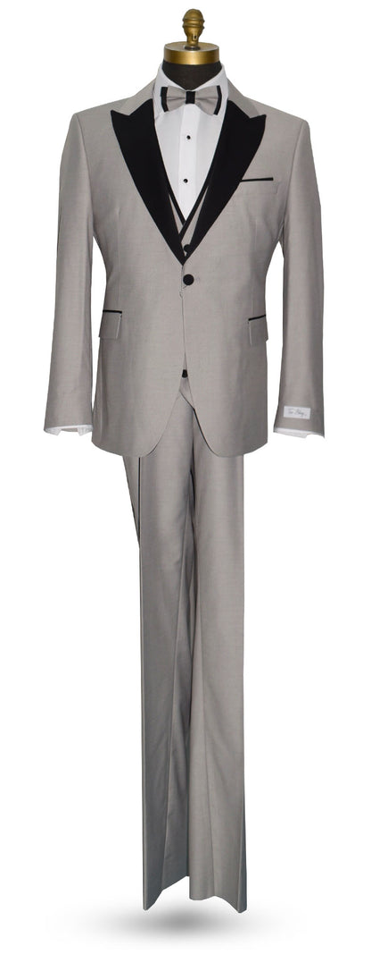 life size mannequin wearing light gray peak lapel tuxedo with matching gray vest and gray bow tie against a white background
