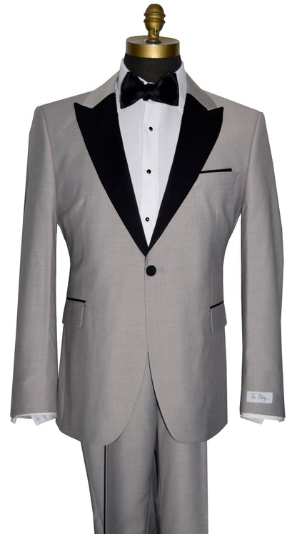 Gray tuxedo with black lapels on a mannequin against a white background