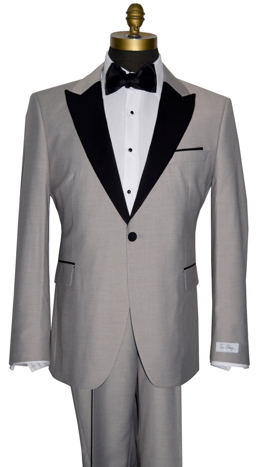 Gray tuxedo with black lapels on a mannequin against a white background