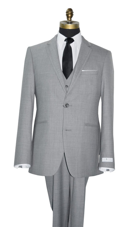 close up view of Heather gray men's wedding suit with gray vest and long black dress tie
