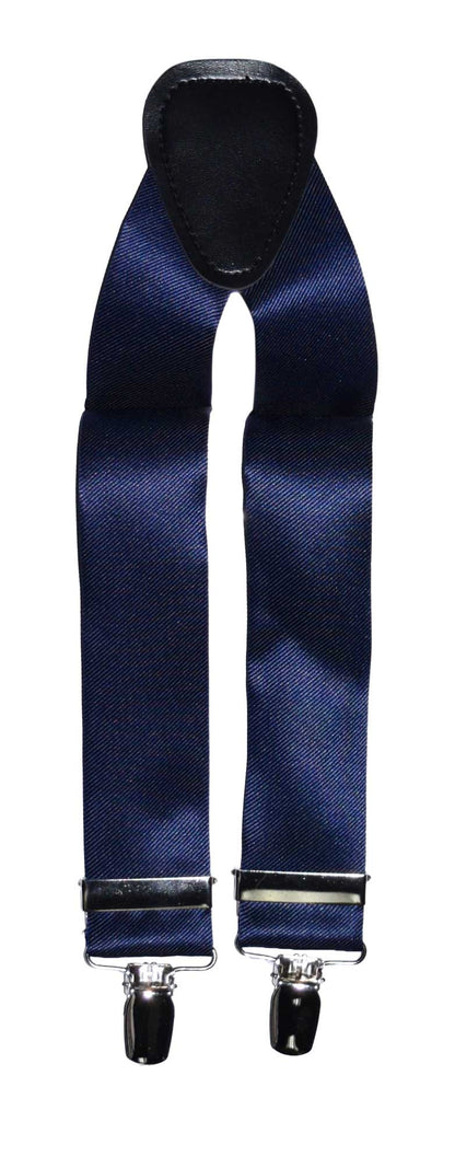Pair of marine blue satin suspenders with clips on a white background