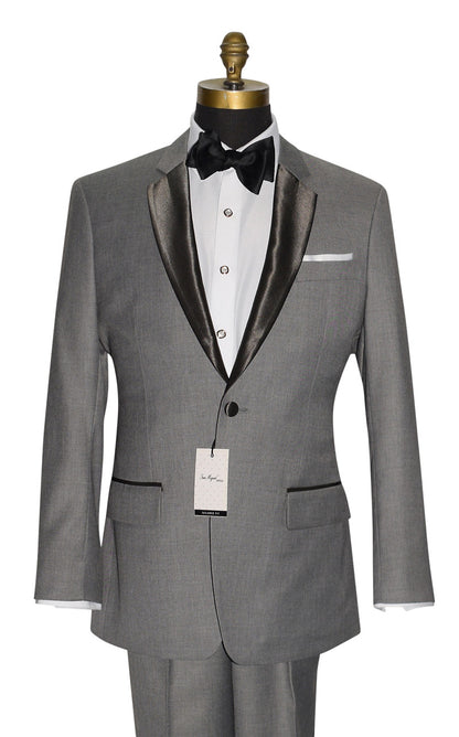 close up of a Gray tuxedo suit with charcoal lapels and a black bowtie, on a mannequin against a white background