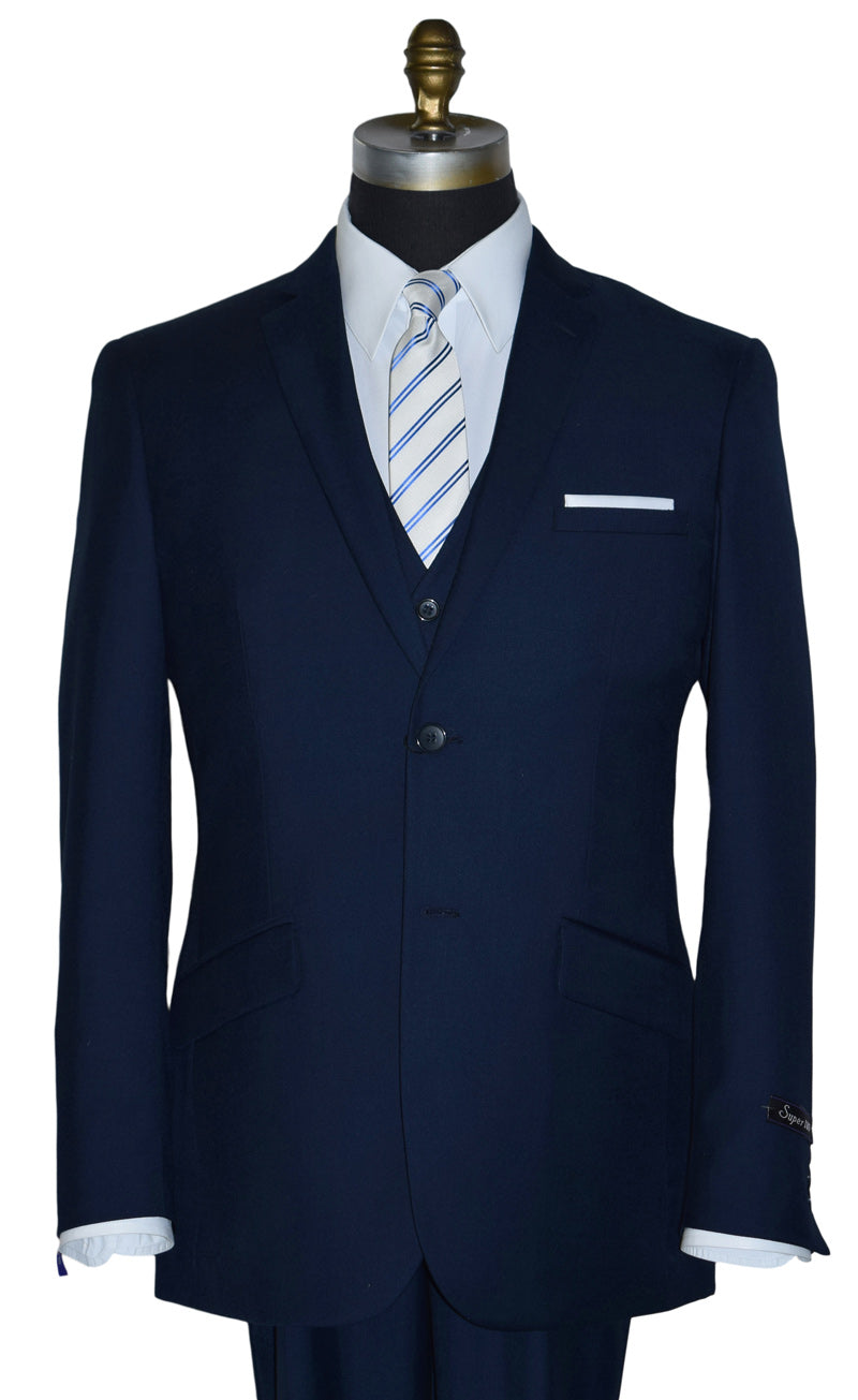 very close front view Navy blue suit with white shirt and striped tie on a mannequin against a white background