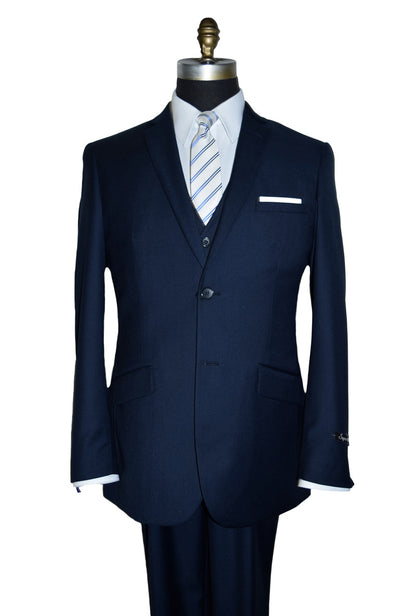 close-up Navy blue suit with a white shirt and striped tie on a mannequin against a white background