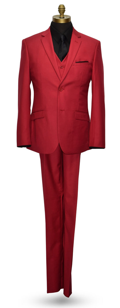 Life size mannequin wearing a red men's suit with a black shirt and a long black satin necktie against a white background