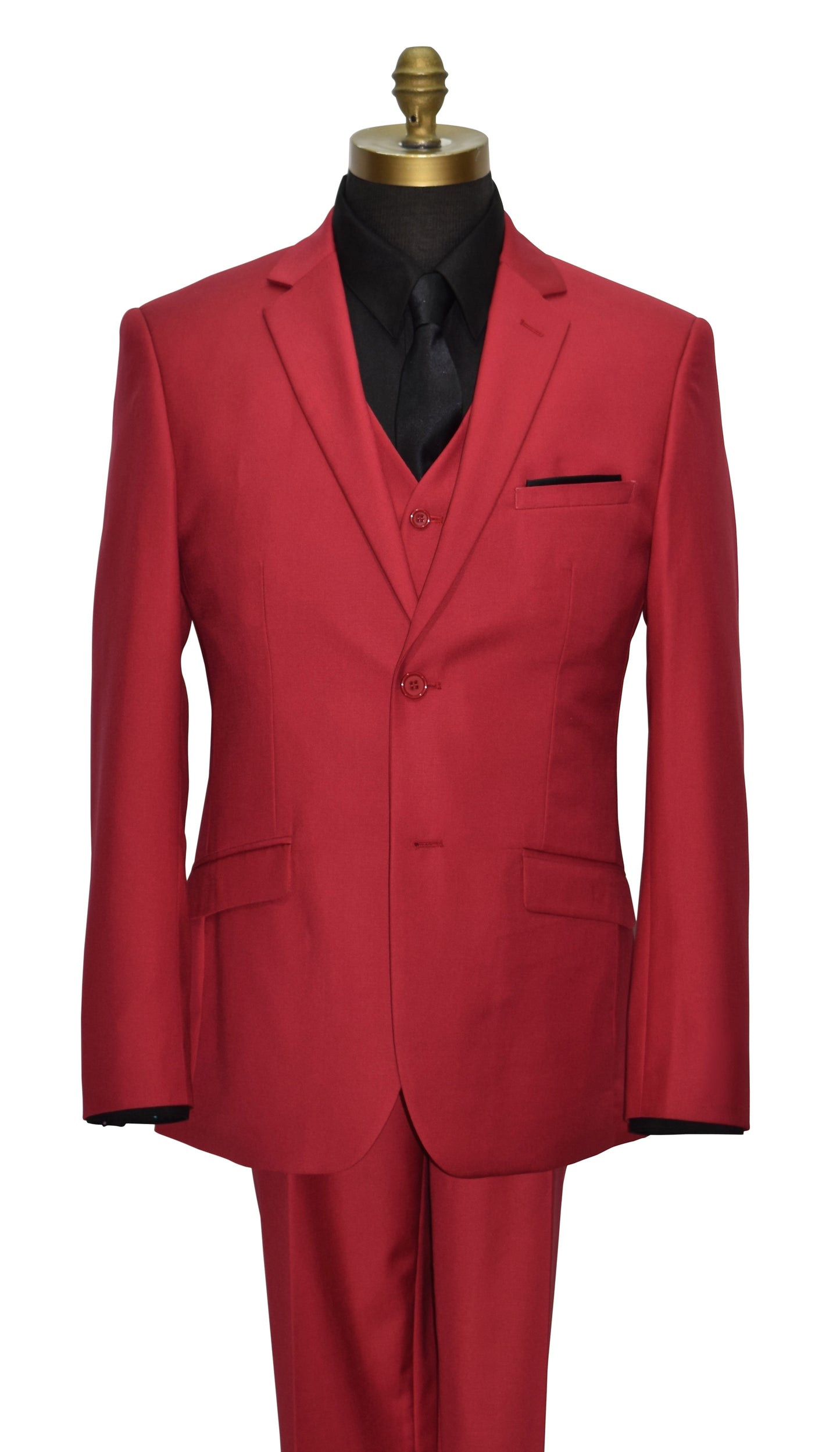 close-up Life size mannequin wearing a red men's suit with a black shirt and a long black satin necktie against a white background
