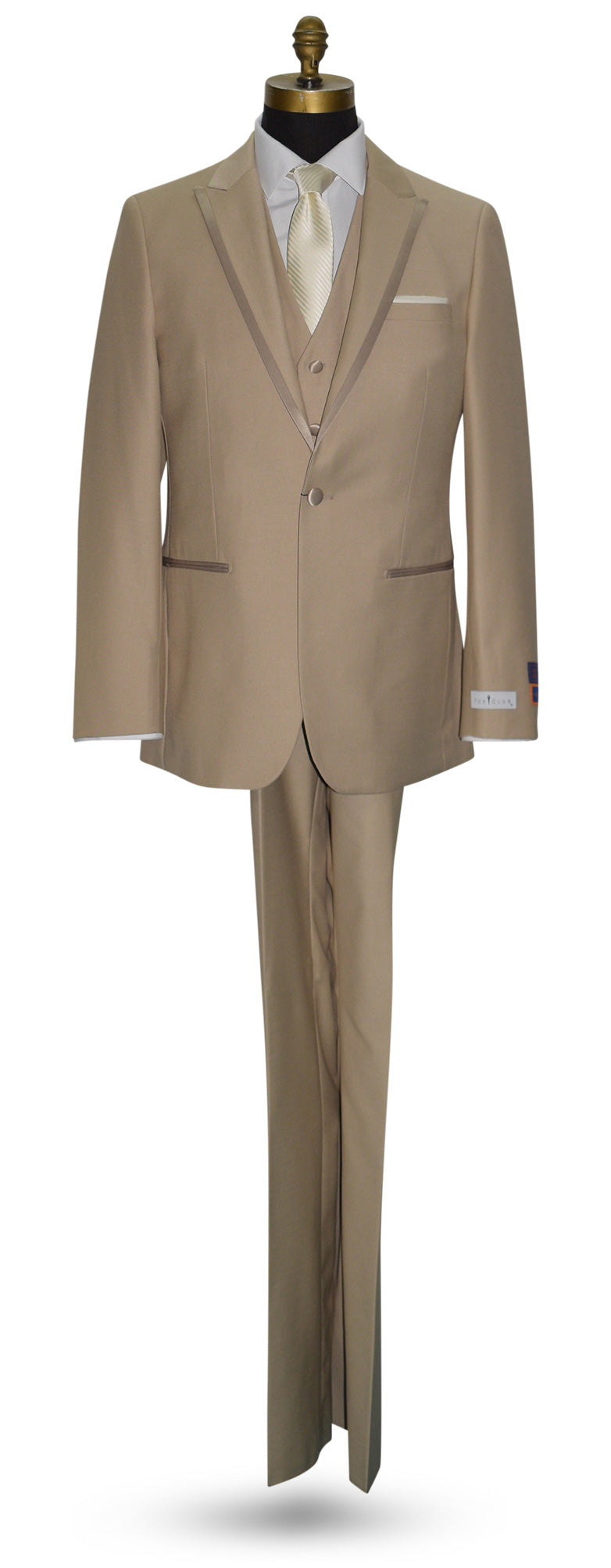 Men's beige 3-piece tuxedo wearing an ivory necktie on a mannequin against a white background