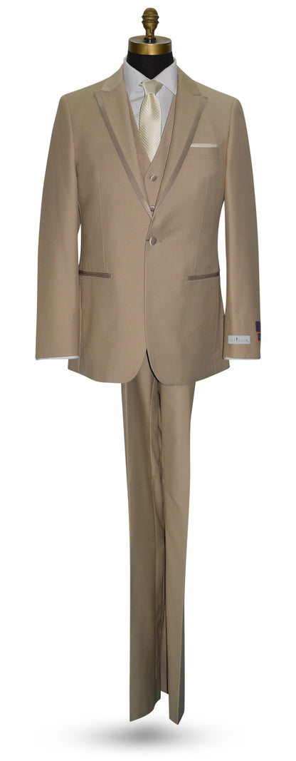 Men's beige 3-piece tuxedo wearing an ivory necktie on a mannequin against a white background