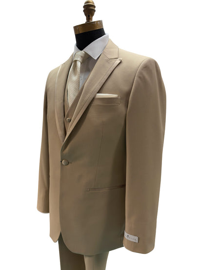 close-up right side men's beige 3-piece tuxedo wearing an ivory necktie on a mannequin against a white background