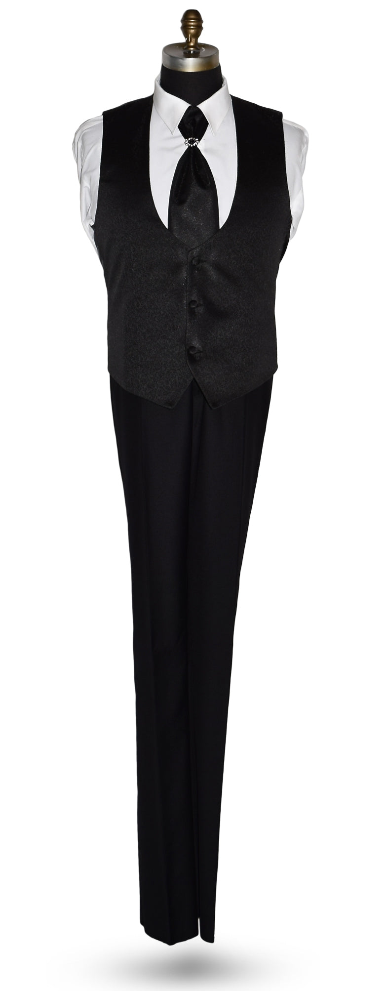 Black formal nehru tuxedo vest and pants set on a mannequin against a white background