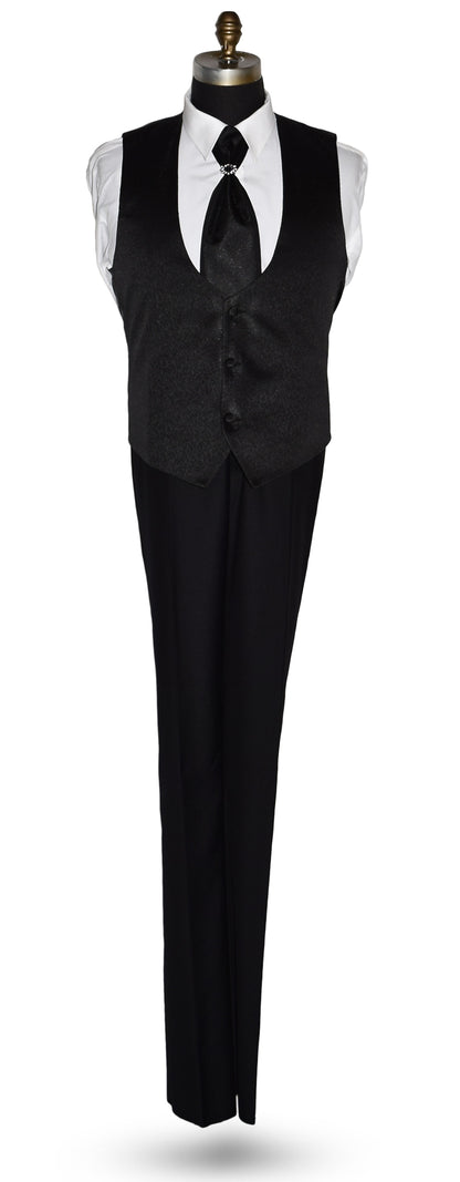 Black formal nehru tuxedo vest and pants set on a mannequin against a white background