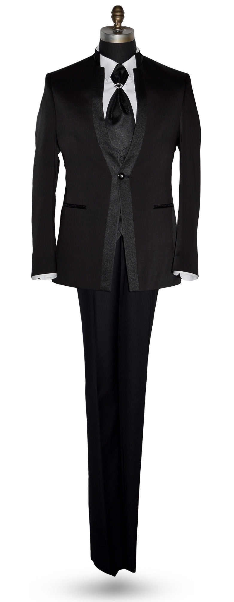 Black nehru tuxedo on a mannequin against a white background