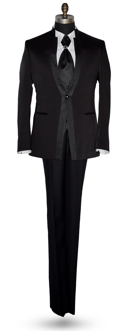 Black nehru tuxedo on a mannequin against a white background