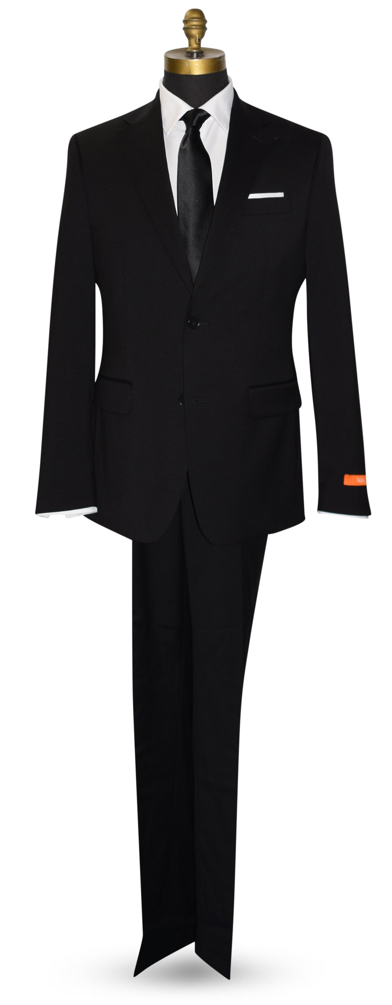 life size mannequin wearing a men's black Talia slim fit suit with a long black satin necktie against a white background